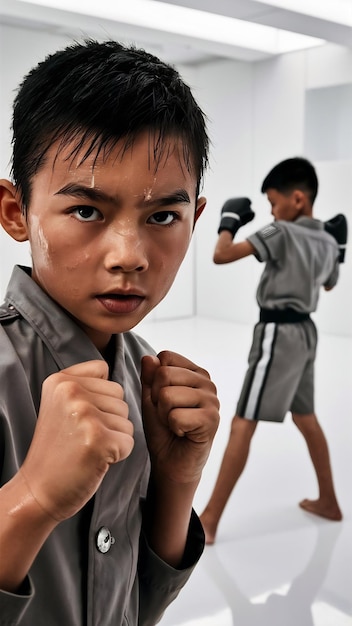 Photo portrait of little boy kid in uniform training practicing thai boxing on white studio background