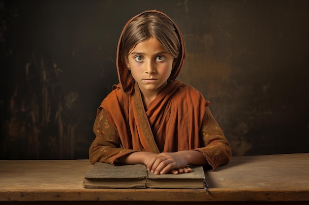 Portrait of a little boy sitting at the table and reading a book