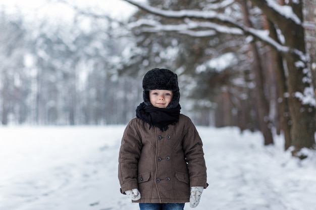 portrait of a little boy in a winter forest