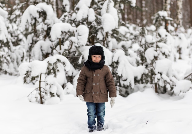 portrait of a little boy in a winter forest