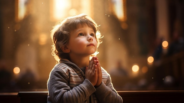 portrait of little boy with a prayer in the hands