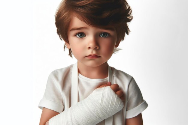 Portrait of a little boy with a white bandage on his hand isolated on solid white background ai generative