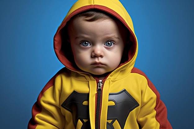 Portrait of a little boy in a yellow hoodie on a blue background