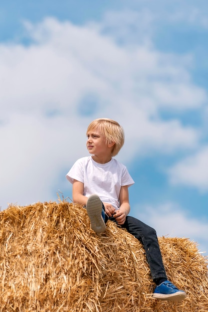 Portrait of little cute blond boy on haystack on blue sky background Summer vacation Vertical frame Harvesting