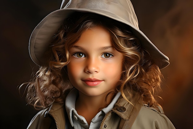 Portrait of a little cute girl with beautiful eyes wearing a stylish fashionable hat