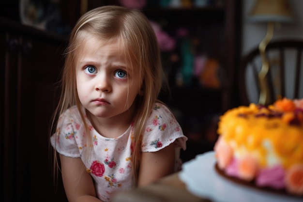 Portrait of a little girl looking in dismay at her birthday cake created with generative ai