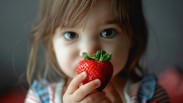 Portrait of a little girl showing a beautiful and delicious strawberry