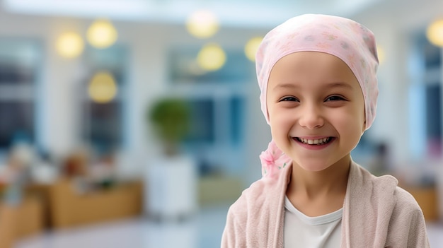 Portrait of little girl with cancer that is smiling on a hospital background World cancer day