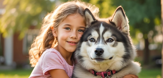 portrait of a little girl with a Husky dog on the lawn sun