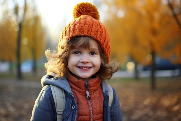 Portrait of little smiling child on head background of sunny autumn park