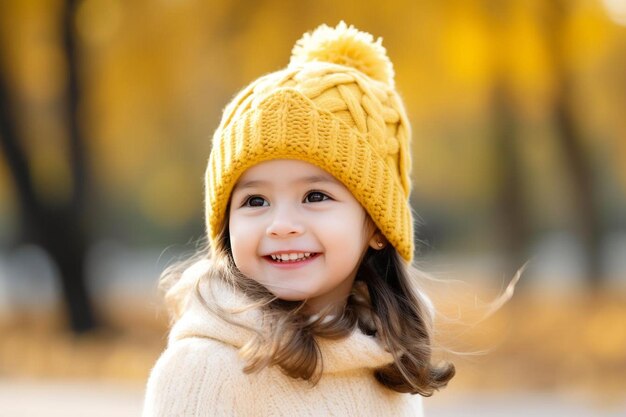 Portrait of little smiling child on head background of sunny autumn park