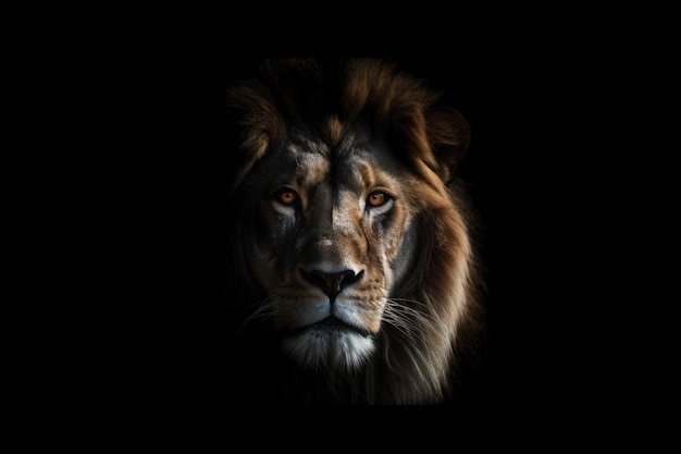 Portrait of longmaned male lion on black background Studio shot