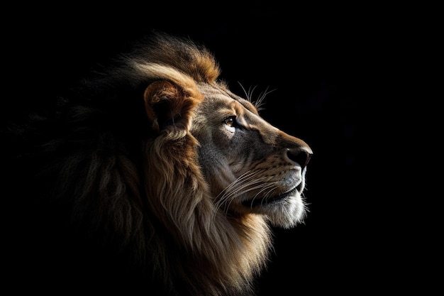 Portrait of longmaned male lion on black background Studio shot