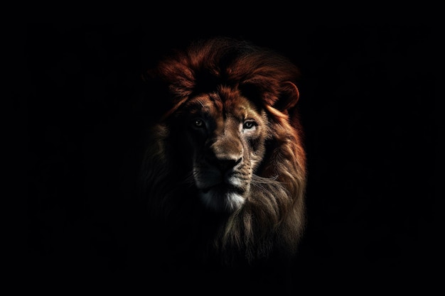 Portrait of longmaned male lion on black background Studio shot