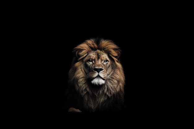 Portrait of longmaned male lion on black background Studio shot