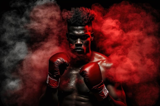 Portrait looking at camera of African American boxer with red gloves naked torso and smoke in the background illuminated by red light Black background studio shot