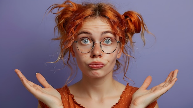 Photo portrait of lovely cheery clueless funky wavyhaired girl shrugging