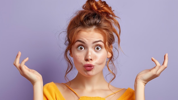 Photo portrait of lovely cheery clueless funky wavyhaired girl shrugging