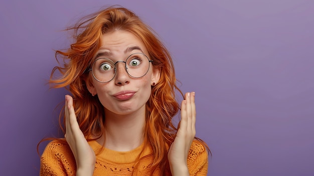 Photo portrait of lovely cheery clueless funky wavyhaired girl shrugging