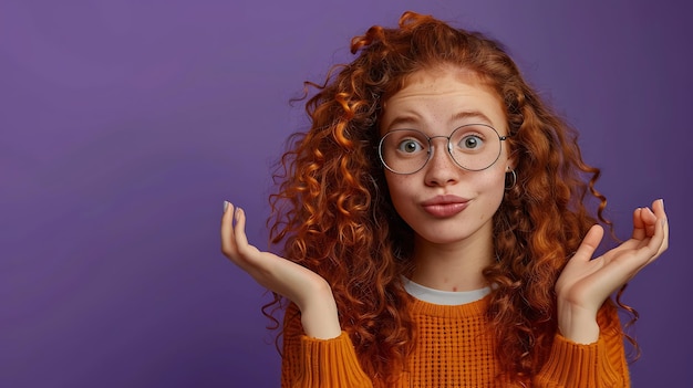 Photo portrait of lovely cheery clueless funky wavyhaired girl shrugging