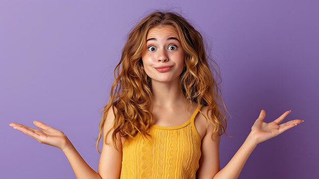 Photo portrait of lovely cheery clueless funky wavyhaired girl shrugging