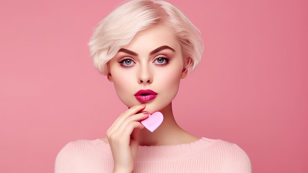 Portrait of lovely nice lady hold small heart symbol card cover one eye pouted lips kiss isolated on pink color background