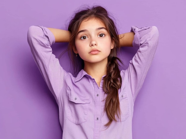 Photo portrait of a lovely young girl looking into empty space wearing a shirt