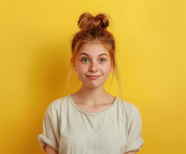 Photo portrait of a lovely young girl wearing a shirt looking at empty space