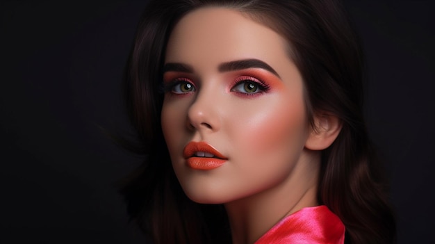 Portrait of a lovely young lady wearing bright pink cosmetics Generative AI is a beautiful brunette with brilliant orange lipstick on her lips