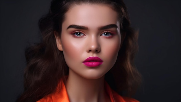 Portrait of a lovely young lady wearing bright pink cosmetics Generative AI is a beautiful brunette with brilliant orange lipstick on her lips