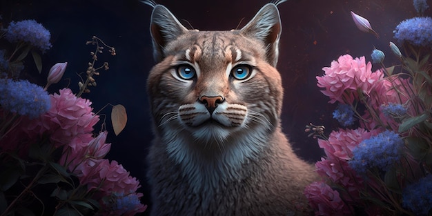 Portrait of a lynx with hydrangeas around Generative AI