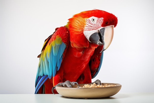 Portrait of Macaw parrot near a bowl of bird food isolated on a white background