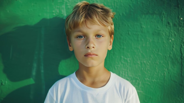 Portrait Male child wearing bella canvas white shirt green background Presentation mockup