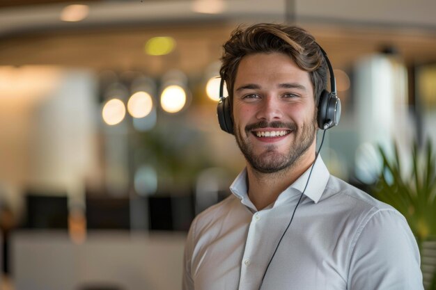 Photo portrait of a male customer service representative smiling and wearing a headset bright modern office background