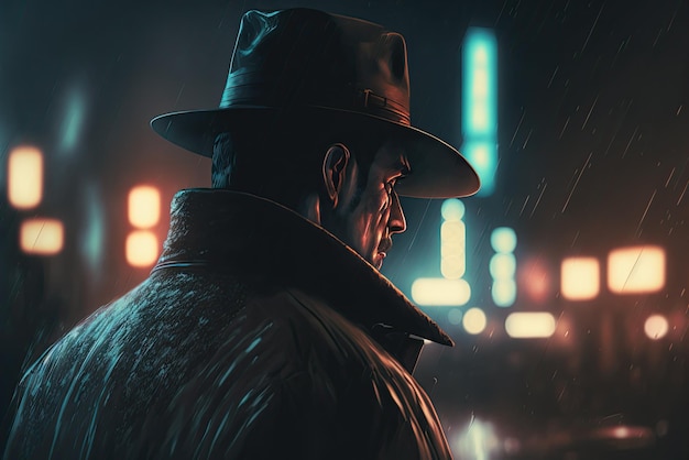 Portrait of male detective in noir style in a raincoat and hat in a night city