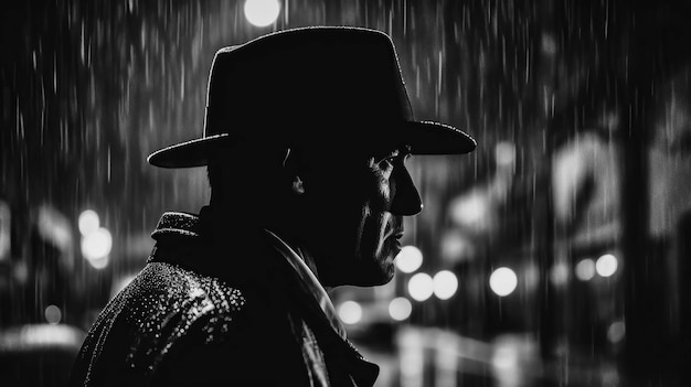 Portrait of a male detective spy in hat and raincoat on street at night in rain Generative AI