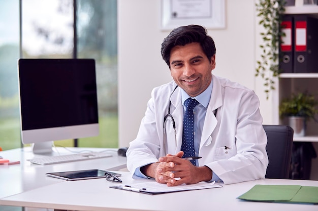 Portrait Of Male Doctor Or GP Wearing White Coat At Desk In Office With Clipboard