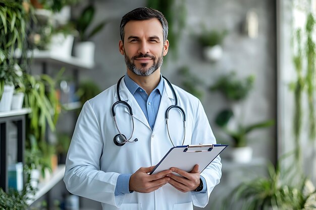 Photo portrait of a male doctor with a stethoscope around her neck