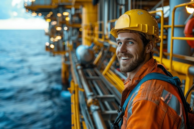 Photo portrait of a male employee on oil platform at sea a young confident smiling man in bright uniform and safety hard hat standing at the edge of oil rig platform