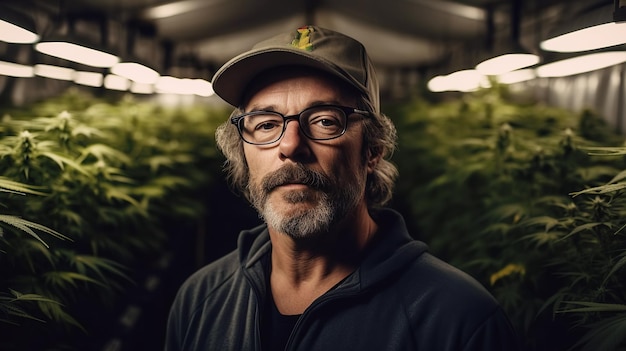 Portrait of male farmer worker in greenhouse of laboratory for growing medical marijuana cannabis bushes Generative AI