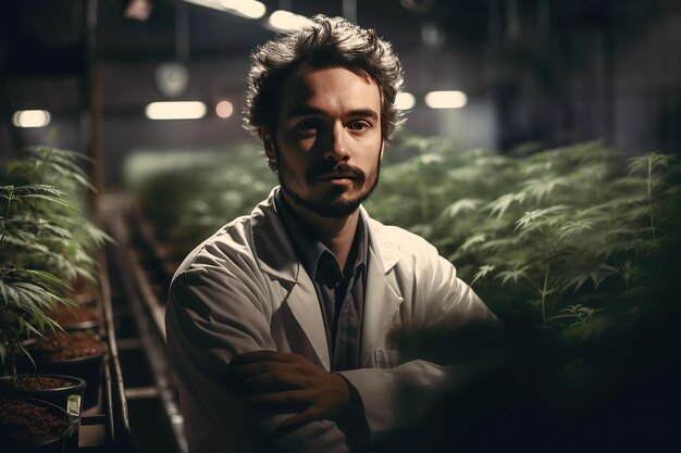 Portrait of male farmer worker in greenhouse of laboratory for growing medical marijuana cannabis bushes Generative AI