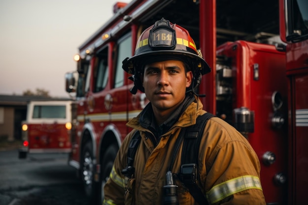 Portrait of a male firefighter wearing a uniform and helmet near a red fire truck