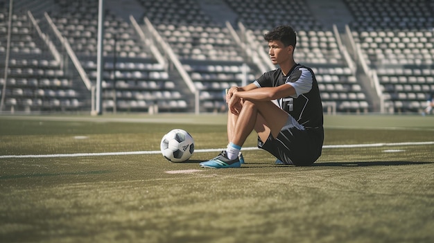 Portrait of male football player sitting on field