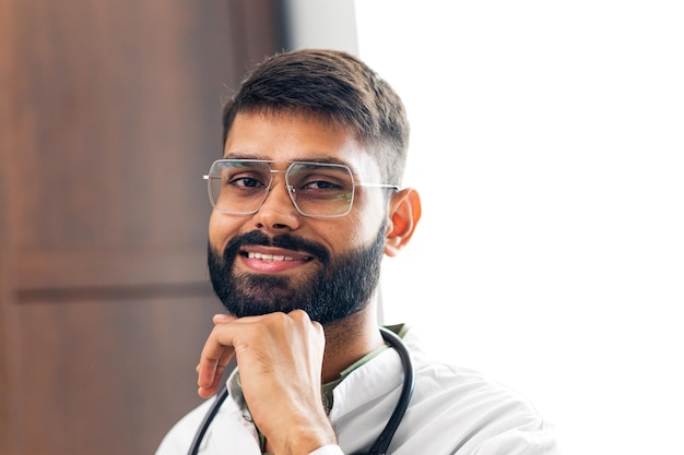 Portrait of male indian doctor wearing white coat in clinic office