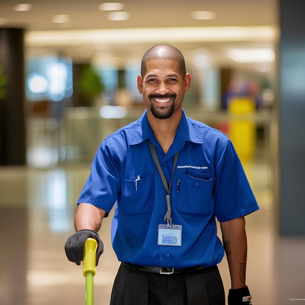 a portrait of a male janitor in the style of cleaning