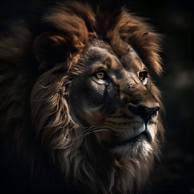 Portrait of a male lion on a dark background Animal portrait