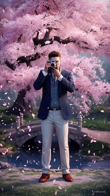 Portrait of a male photographer in front of the cherry blossom