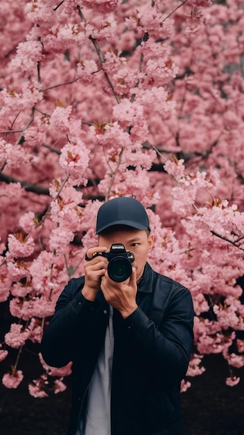 Portrait of a male photographer in front of the cherry blossom