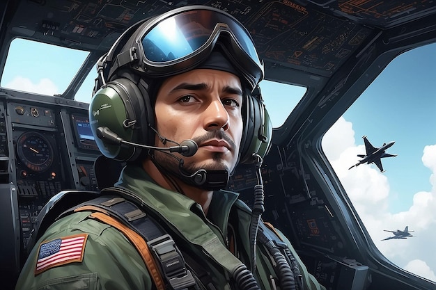 Portrait of Male Pilot in Cockpit of Military Aircraft Air Combat Concept