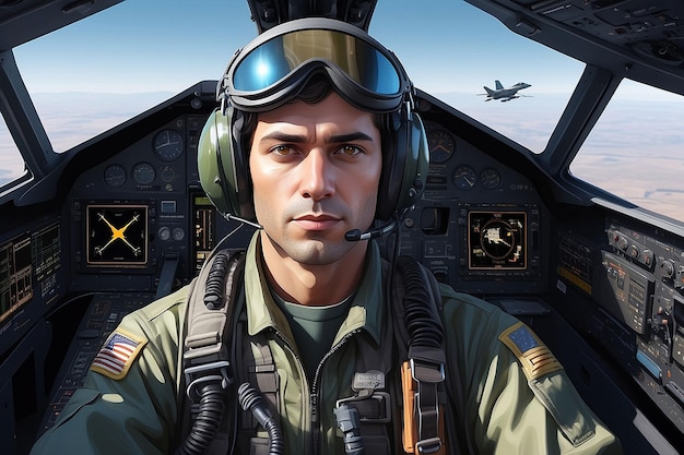 Portrait of Male Pilot in Cockpit of Military Aircraft Air Combat Concept